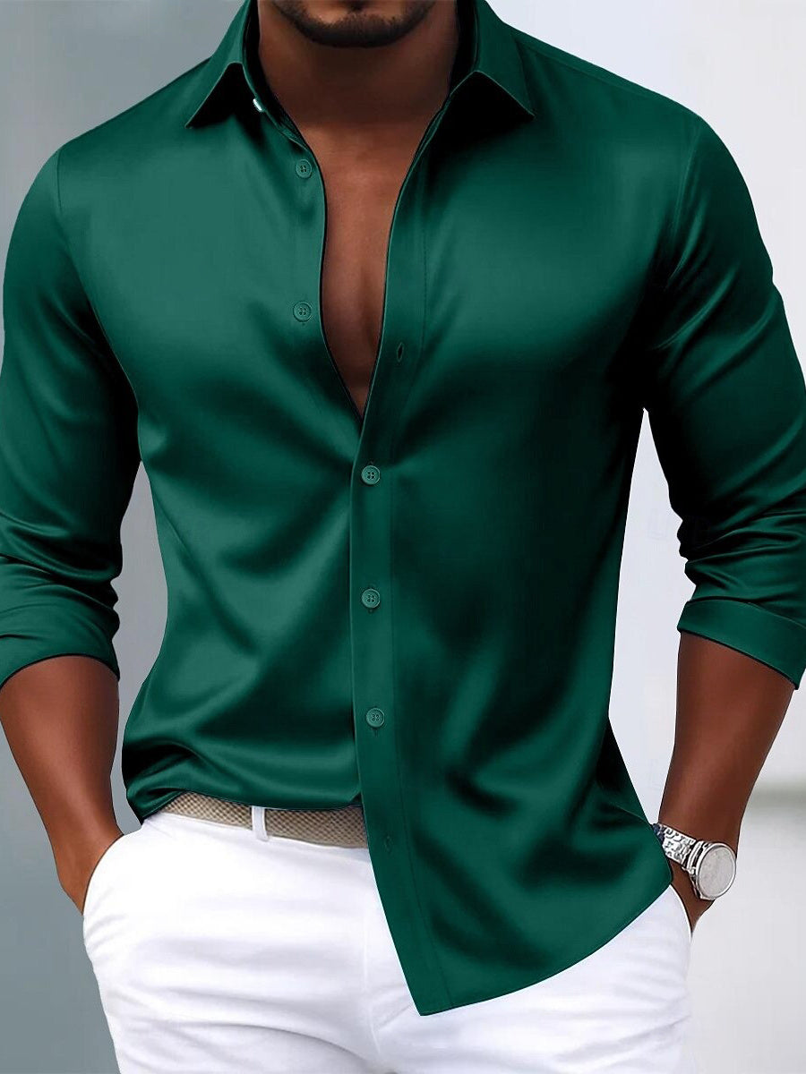 Men's Lapel Neck Long Sleeves Breathable Slim Fit Solid Color Shirt Green