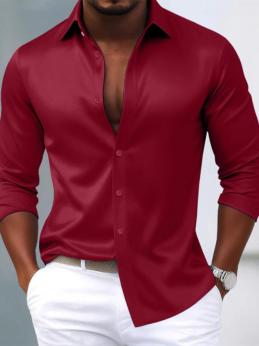 Men's Lapel Neck Long Sleeves Breathable Slim Fit Solid Color Shirt Wine