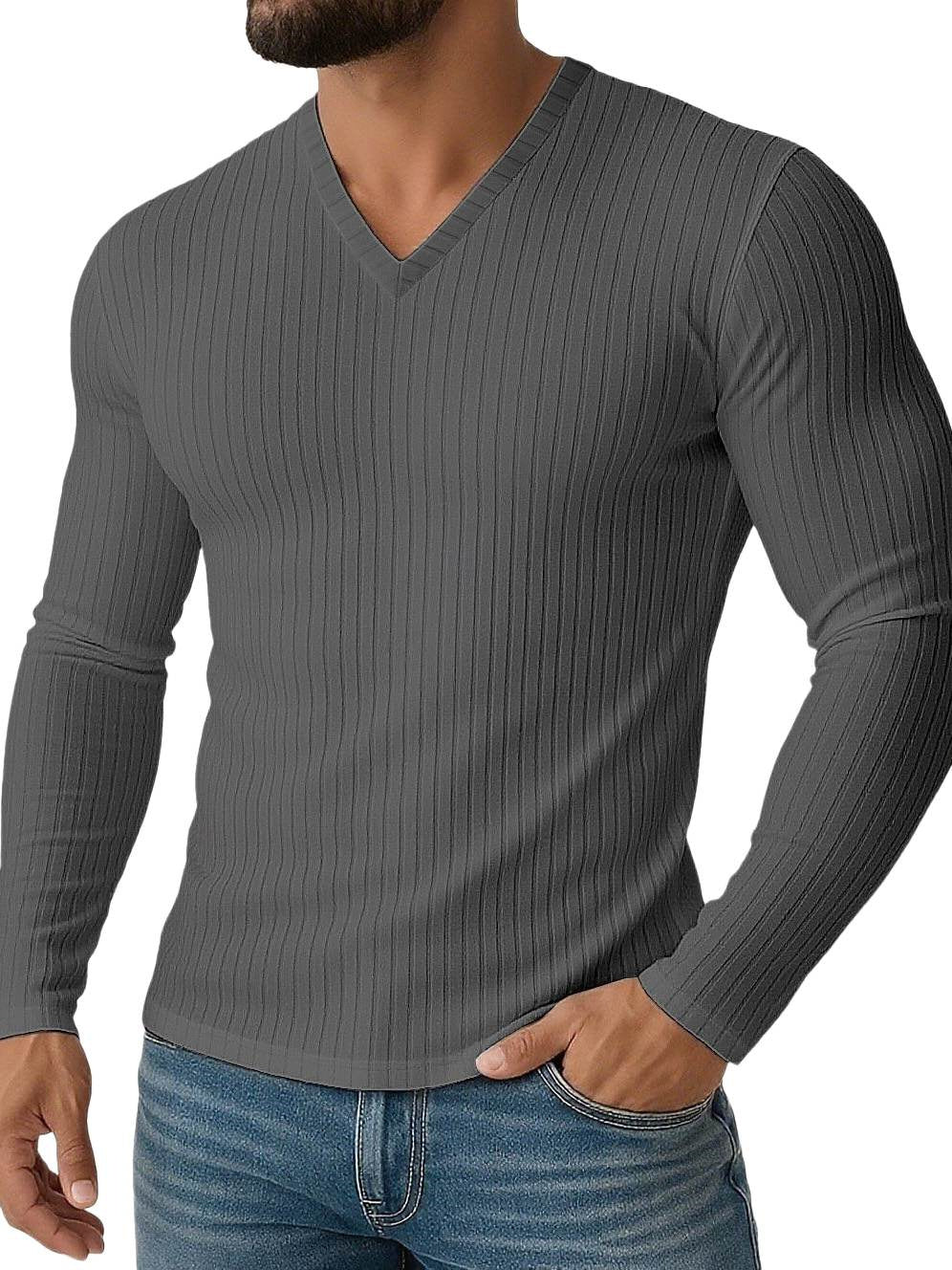 Men's Shirt Stretchy Slim Fit V Neck Solid Color Long Sleeves Shirt Grey