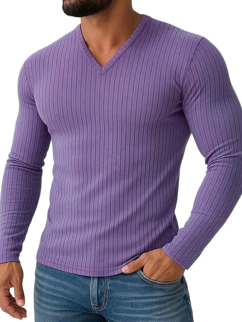 Men's Shirt Stretchy Slim Fit V Neck Solid Color Long Sleeves Shirt Purple