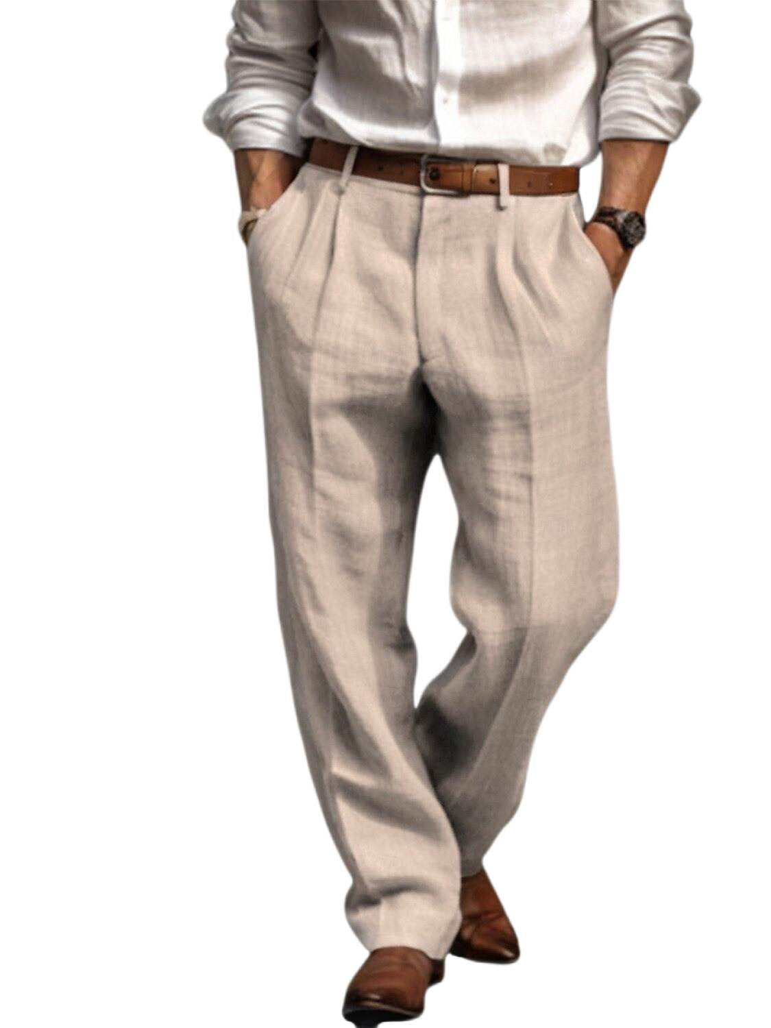 Men's Linen Long Pants Trousers Summer Pleated Fashion Pants Beige