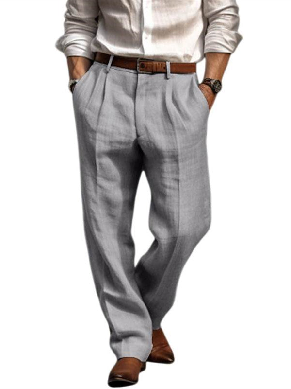 Men's Linen Long Pants Trousers Summer Pleated Fashion Pants Gray