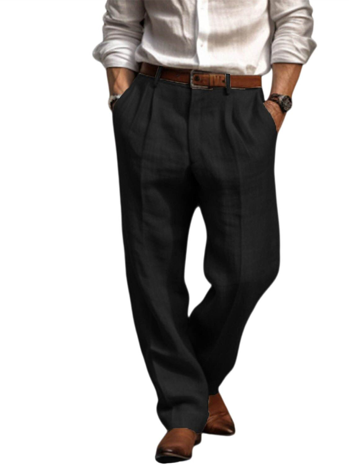 Men's Linen Long Pants Trousers Summer Pleated Fashion Pants Black