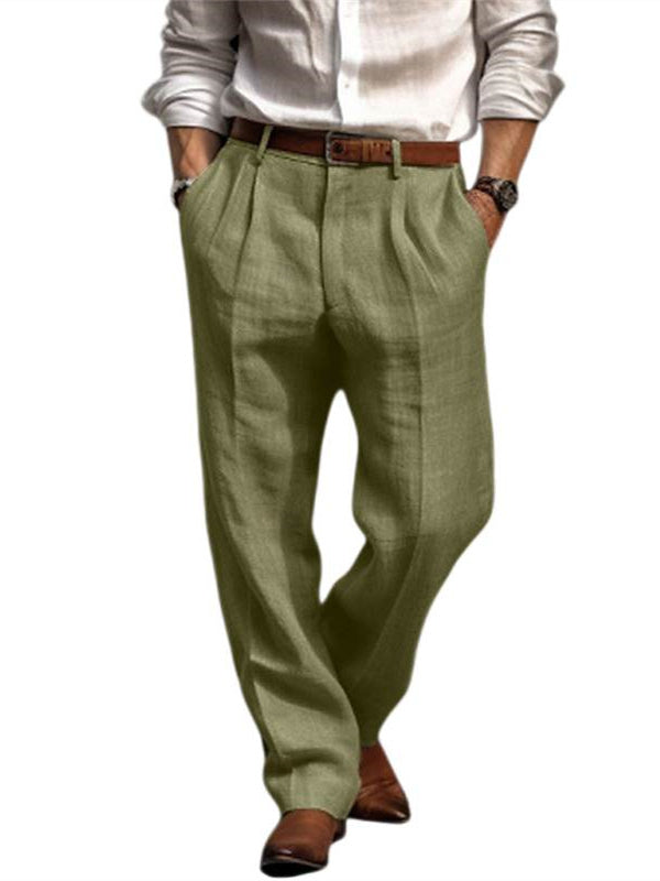 Men's Linen Long Pants Trousers Summer Pleated Fashion Pants Green
