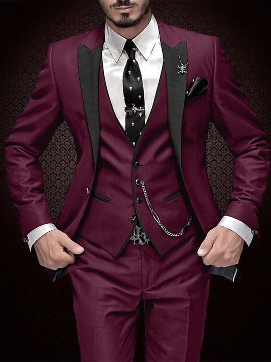 Men's 3 Pieces Standard Fit Single Breasted One-button Wedding Party Suits Burgundy