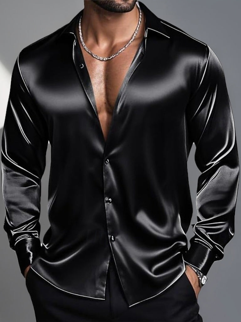 Men's Lapel Neck Long Sleeves Breathable Slim Fit Solid Color Shirt Black