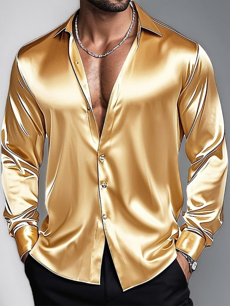 Men's Lapel Neck Long Sleeves Breathable Slim Fit Solid Color Shirt Gold