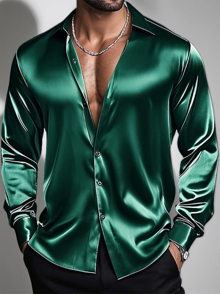 Men's Lapel Neck Long Sleeves Breathable Slim Fit Solid Color Shirt Green