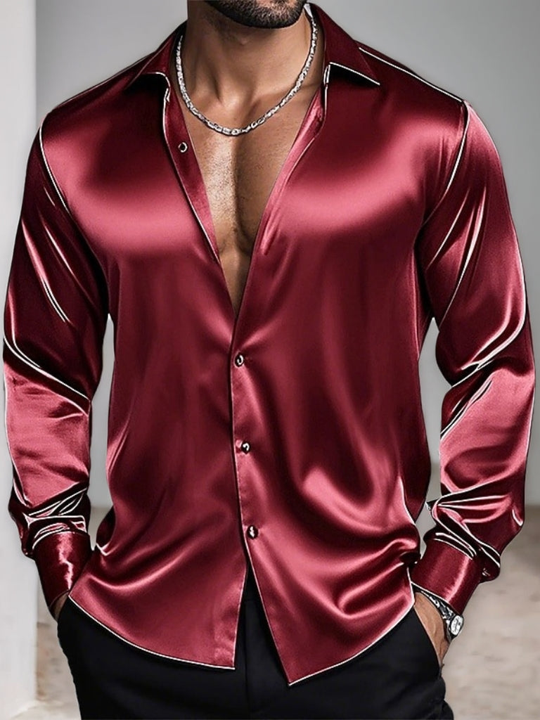 Men's Lapel Neck Long Sleeves Breathable Slim Fit Solid Color Shirt Wine