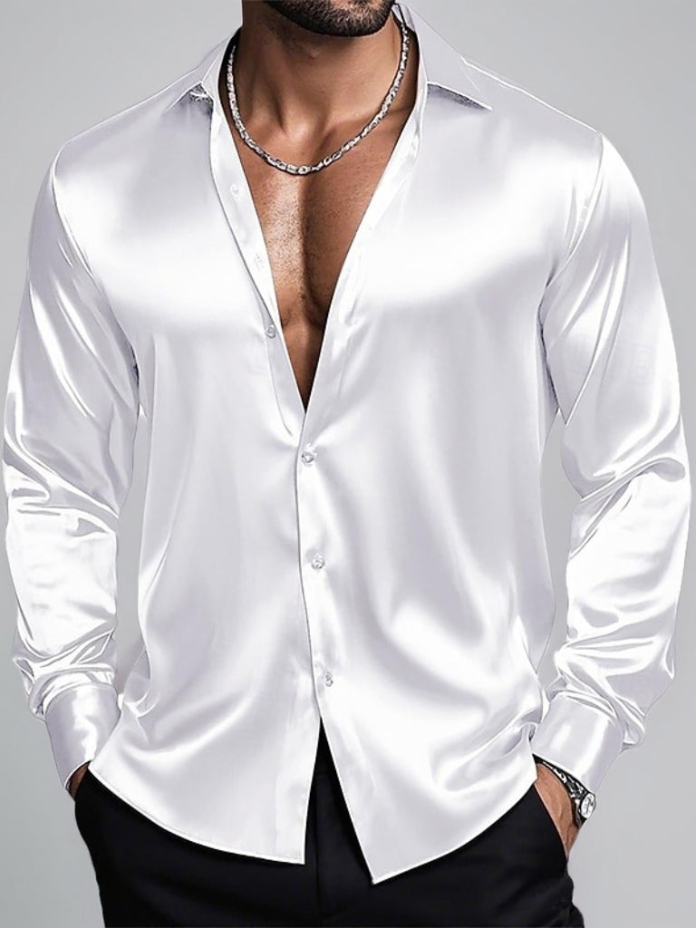 Men's Lapel Neck Long Sleeves Breathable Slim Fit Solid Color Shirt White