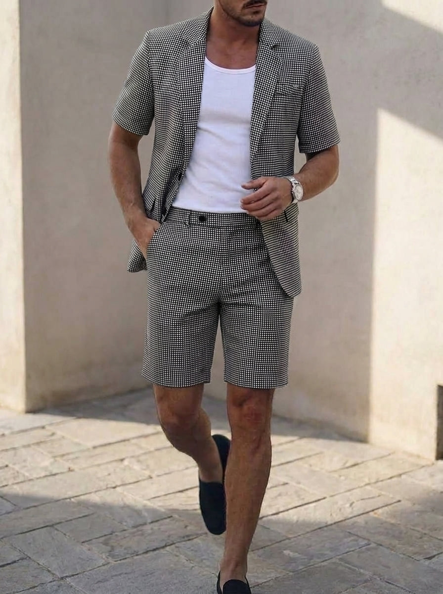 Men's Single Breasted Two-Buttons 2 Pieces Plaid Suits Short Sleeves Black