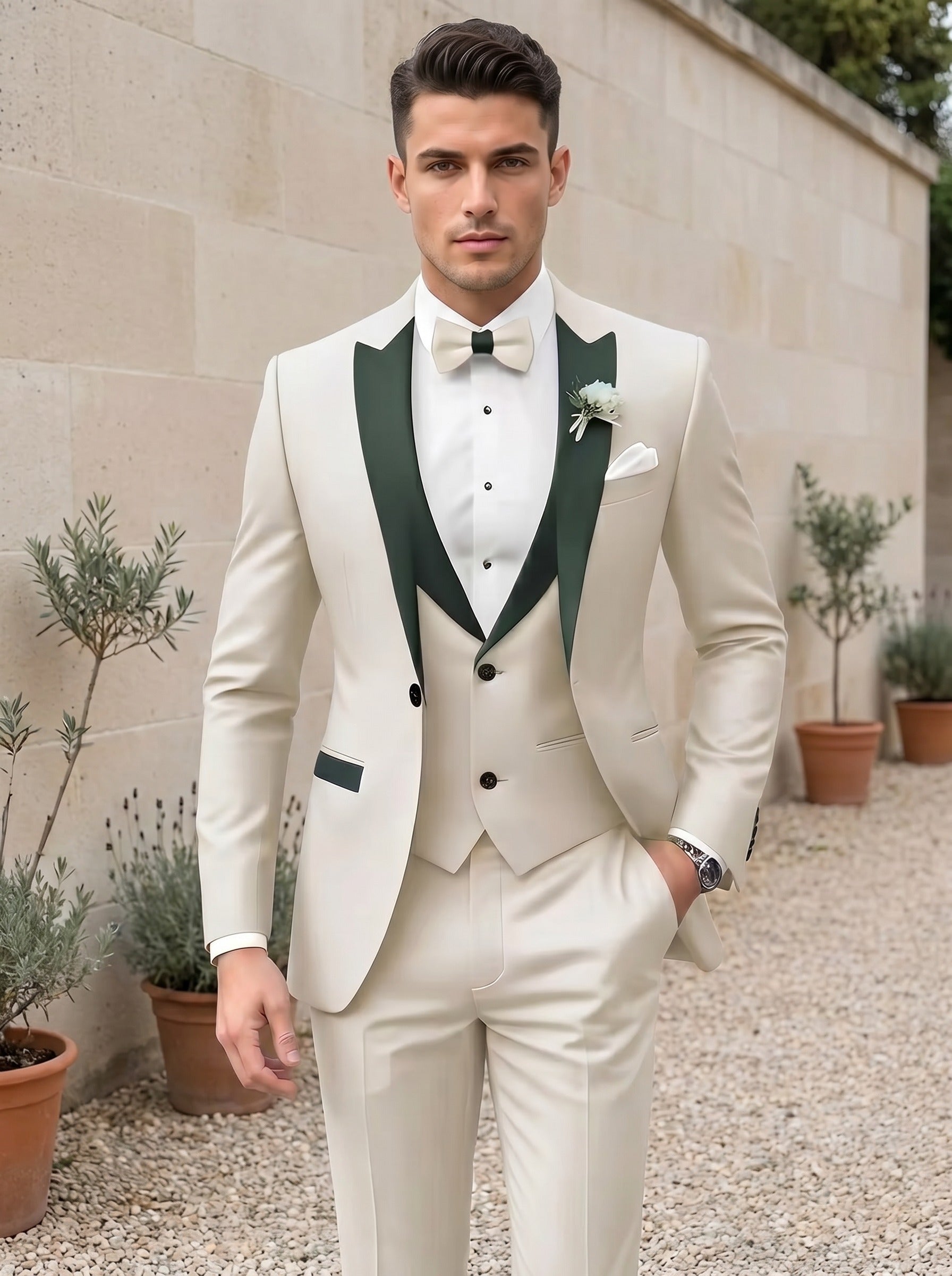 Men's Single Breasted One-Button 3 Pieces Solid Color Suits Long Sleeves Off-White