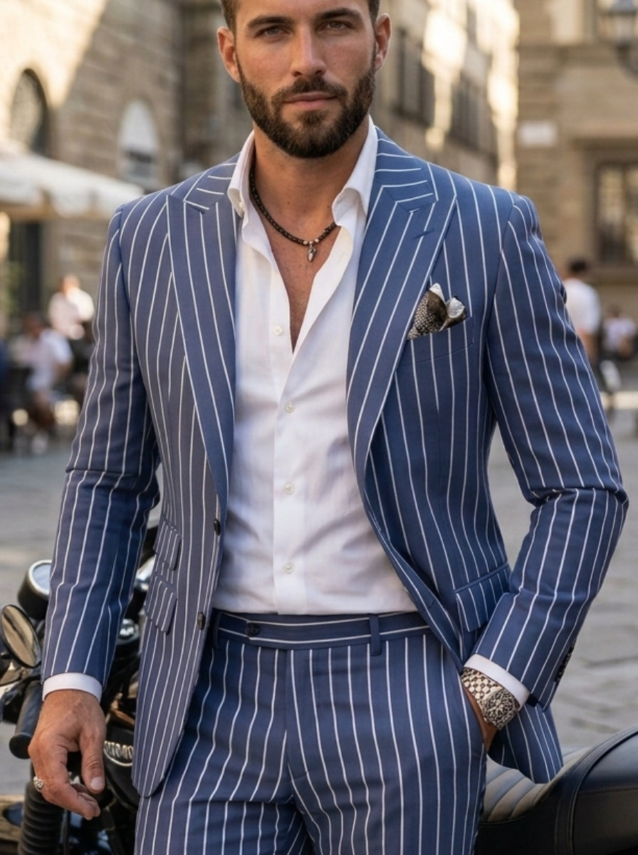 Men's Casual Single-Breasted Striped Print Suit Two-Buttons Long Sleeves Jacket Blue
