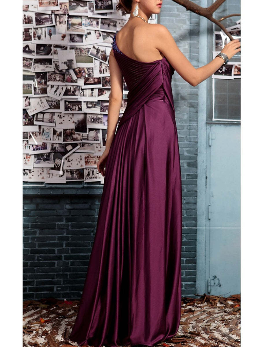 One Shoulder Sleeveless Floor Length Mother of the Bride Dress with Crystal Pleats and Draping-LLELLA
