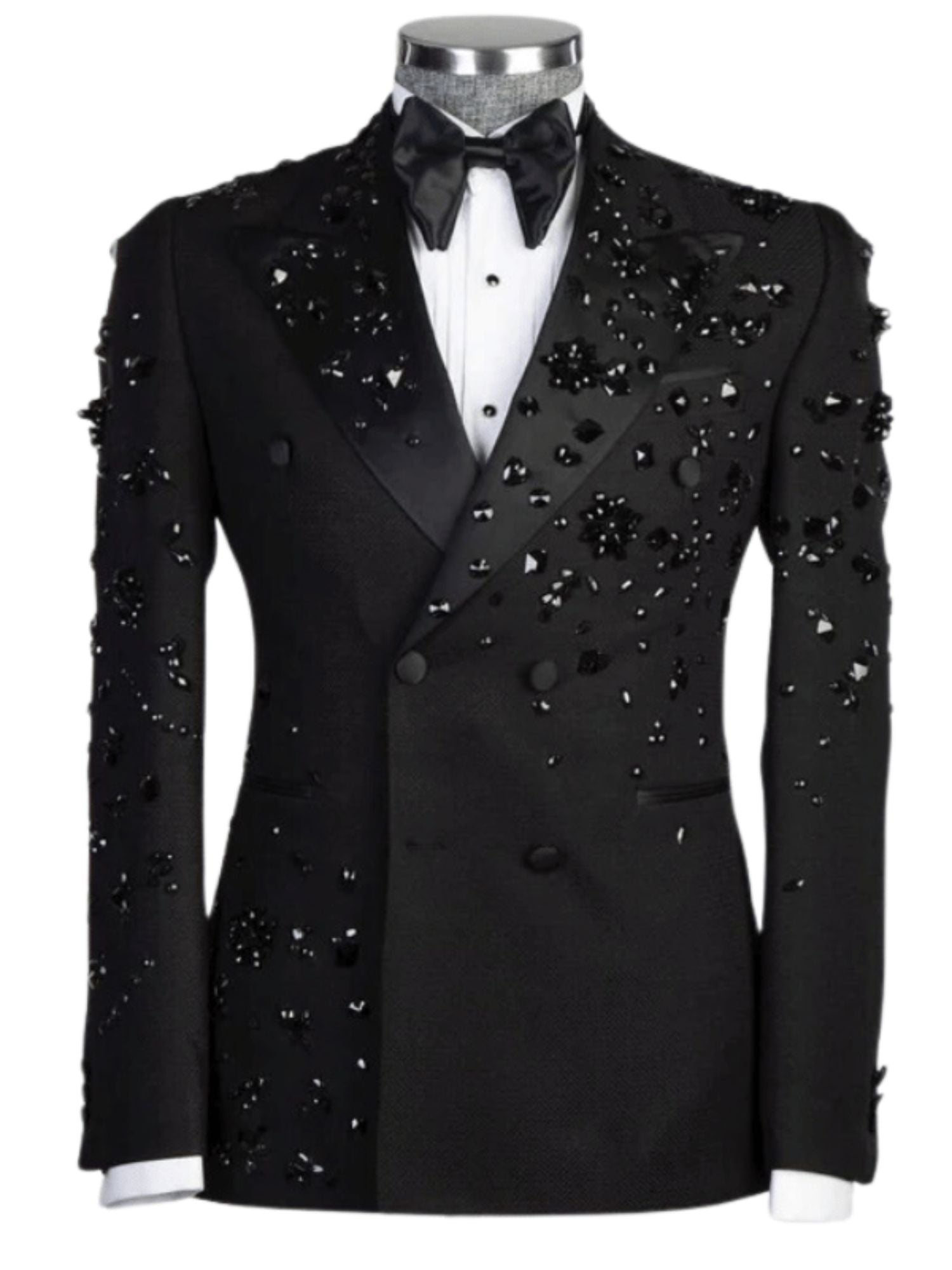 Men's Tailored Fit Double Breasted 2 Pieces Black Beading Sequins Blazer Elegant Halloween Suits Black