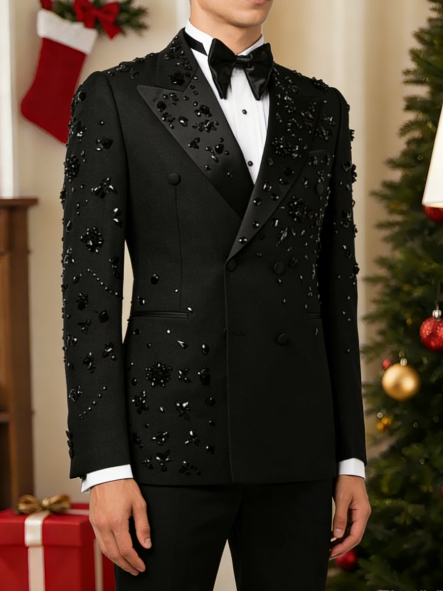 Men's Tailored Fit Double Breasted 2 Pieces Black Beading Sequins Blazer Elegant Halloween Suits