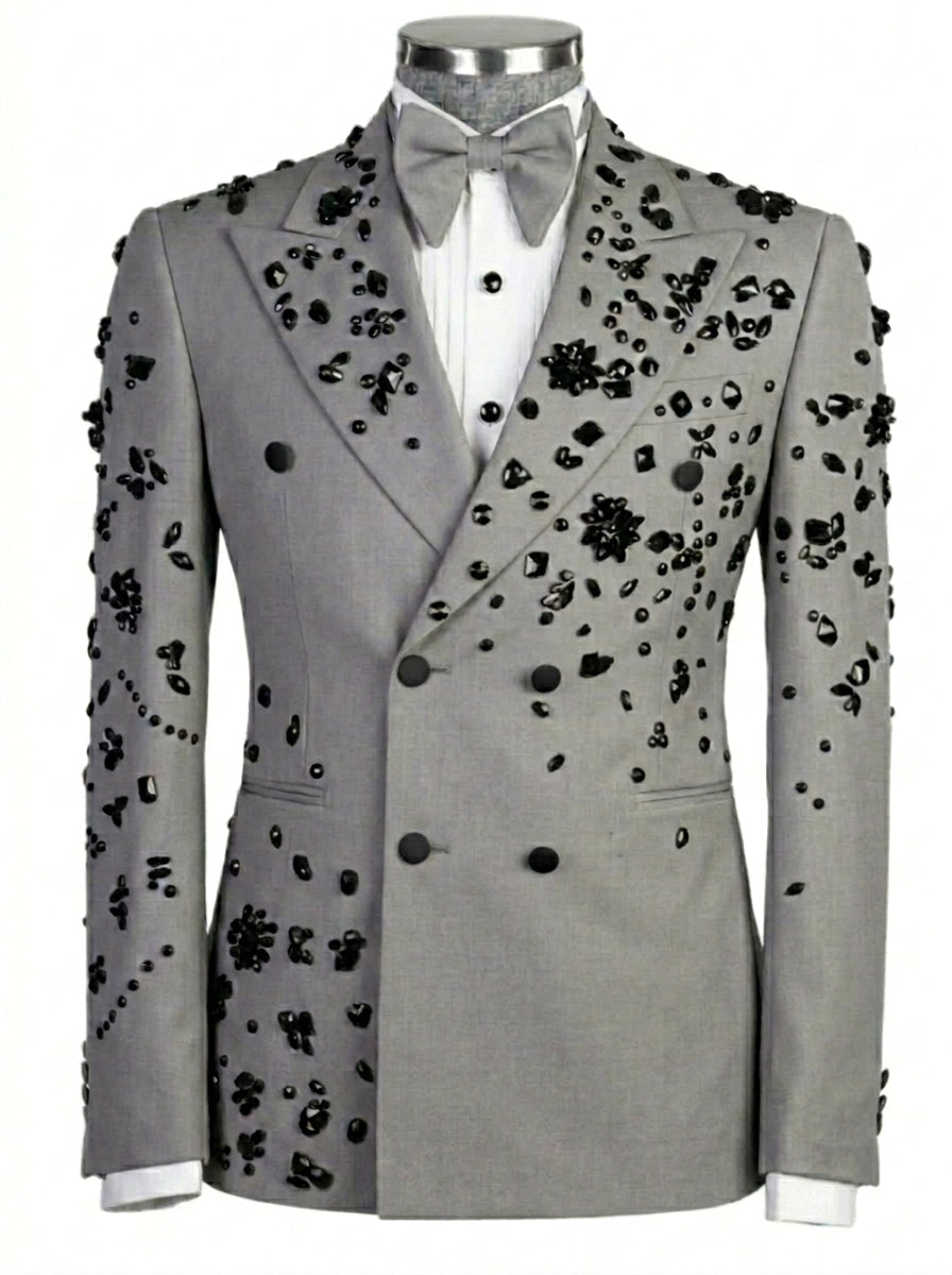Men's Tailored Fit Double Breasted 2 Pieces Black Beading Sequins Blazer Elegant Halloween Suits Dark Gray