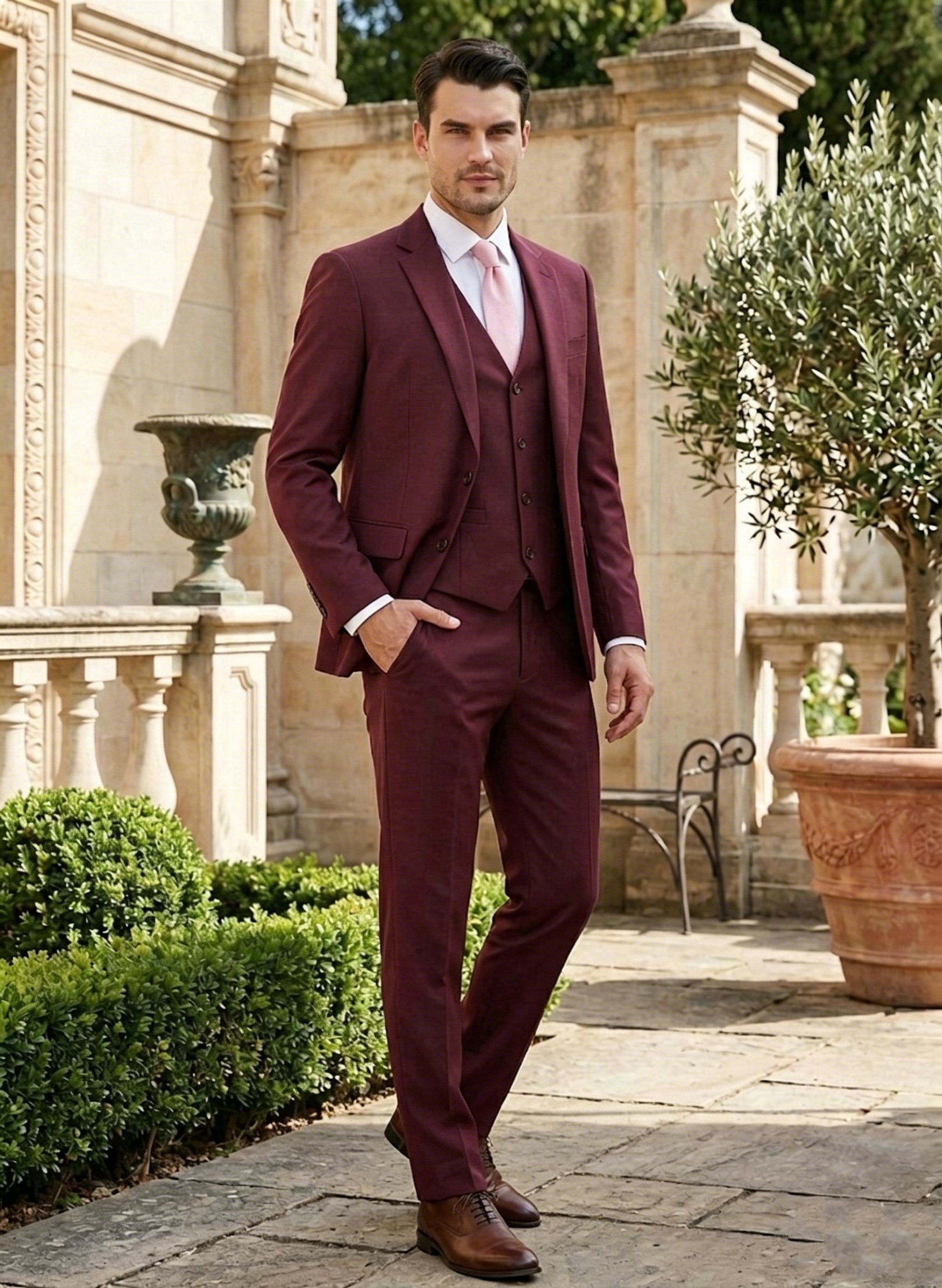 3 Pieces Men's Suits Tailored Fit Solid Colored Single-Breasted Two-buttons Wedding Suits Bordeaux
