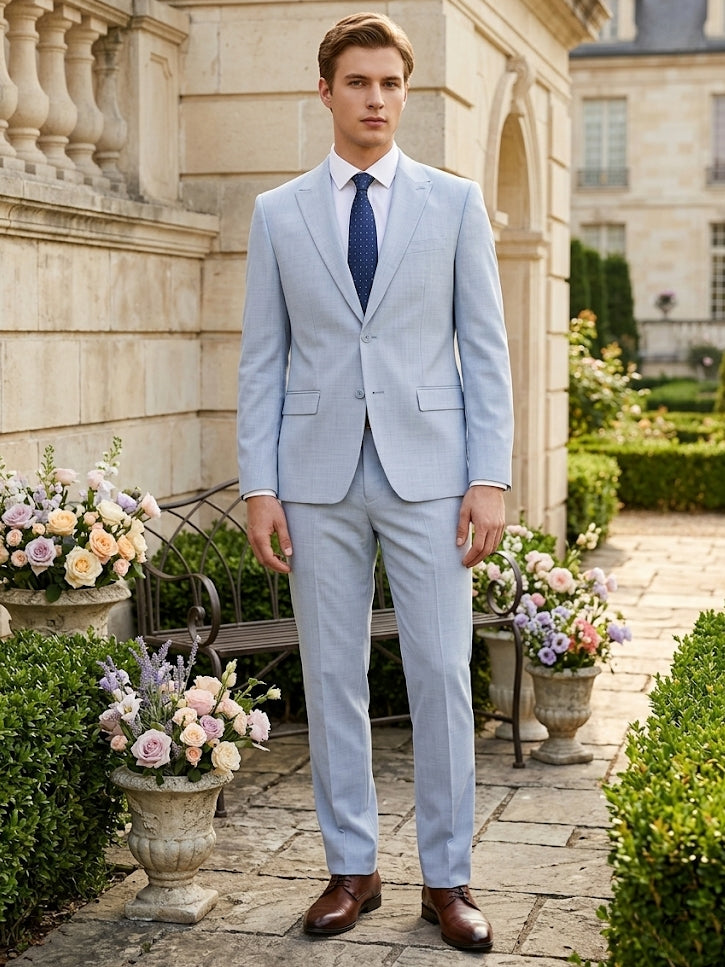 2 Pieces Men's Suits Solid Colored Light Blue Single-Breasted Two-Buttons Wedding Suits Light Blue