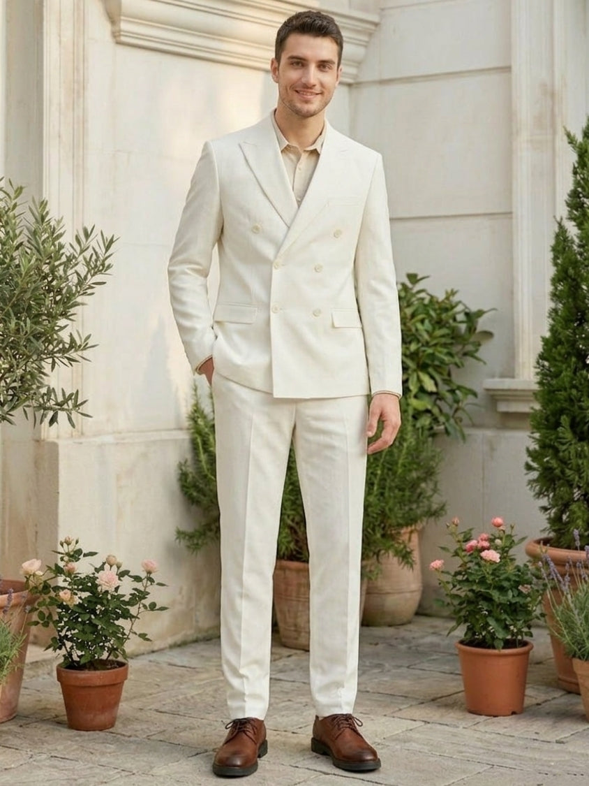 2 Pieces Men's Suits Solid Colored White Double-Breasted Six-buttons Wedding Suits White