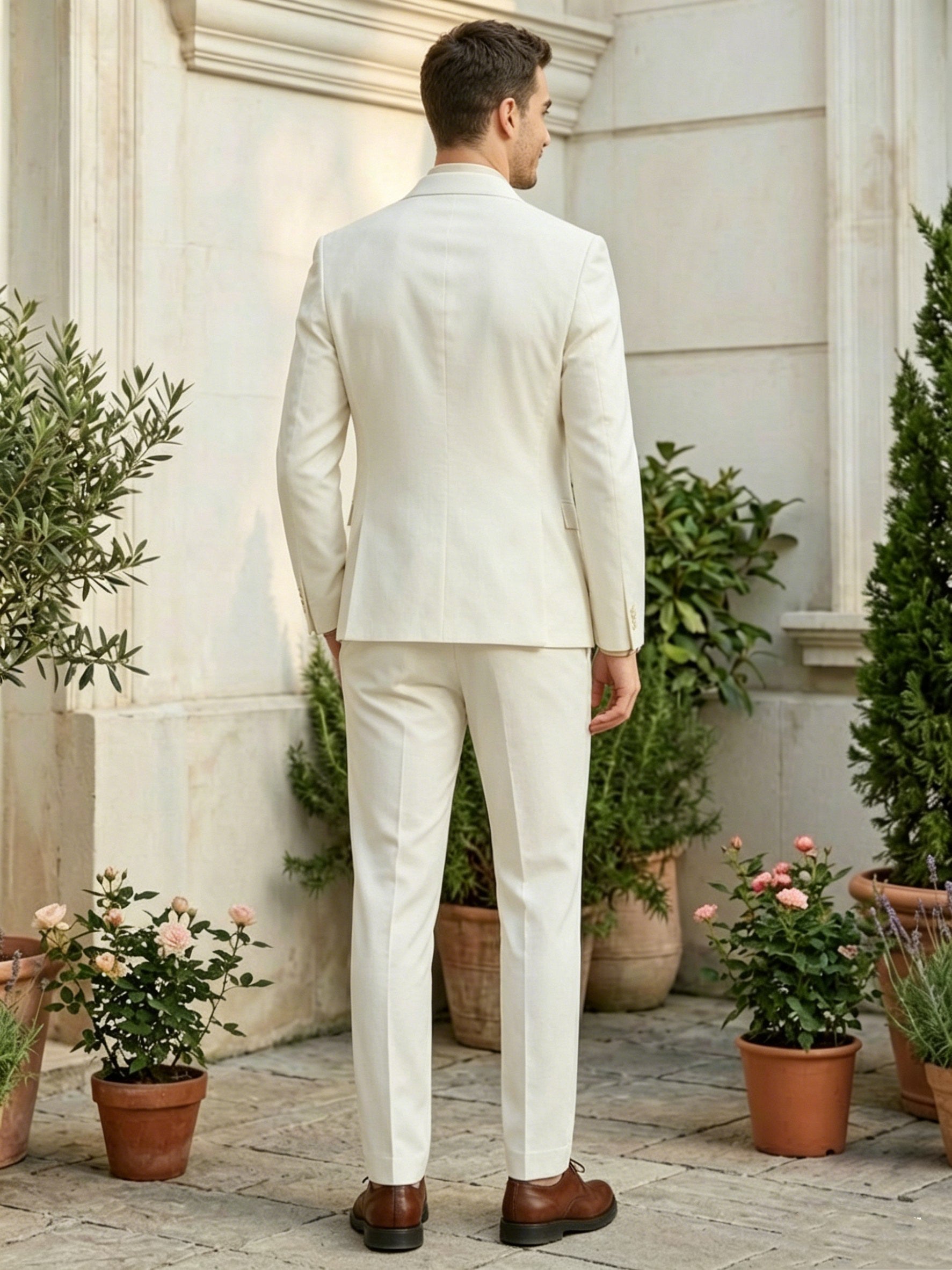 2 Pieces Men's Suits Solid Colored White Double-Breasted Six-buttons Wedding Suits