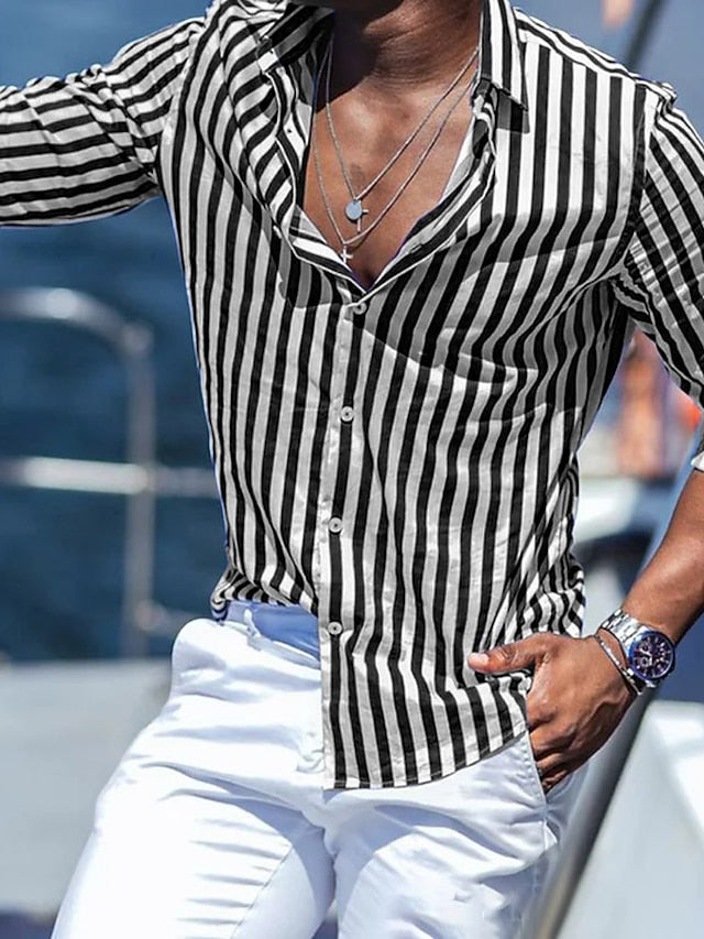Men's Casual Cotton Blend Long Sleeves Stripes Shirt Black