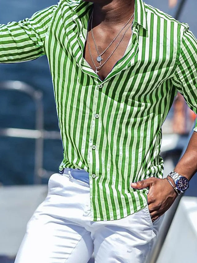 Men's Casual Cotton Blend Long Sleeves Stripes Shirt Green