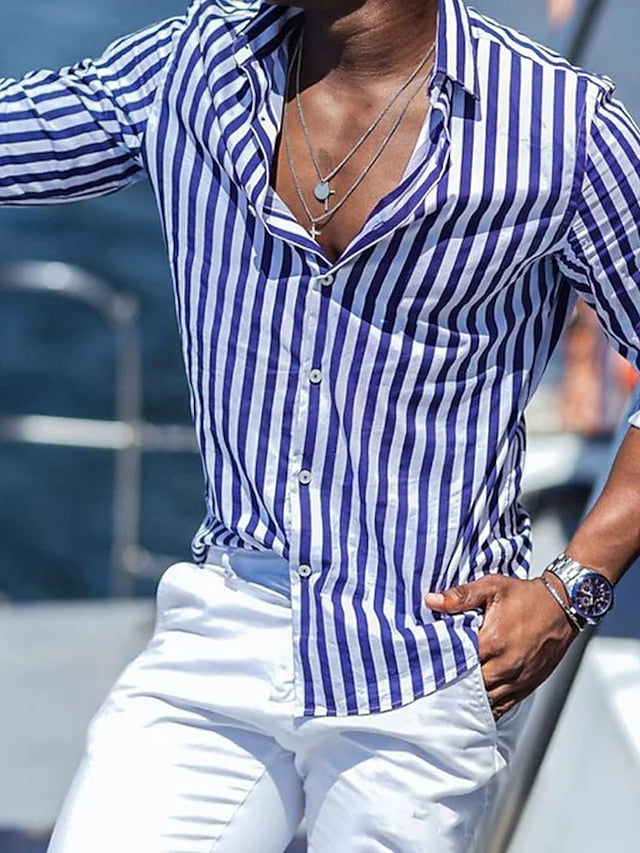 Men's Casual Cotton Blend Long Sleeves Stripes Shirt Blue
