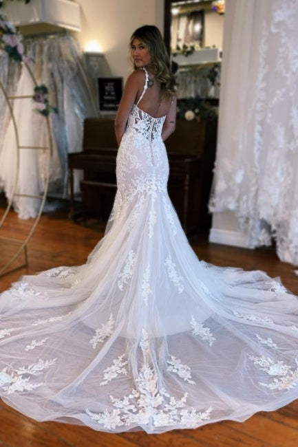 Mermaid Sweetheart Floor-Length Straps Sleeveless Tulle Wedding Dress with Appliques-LLELLA