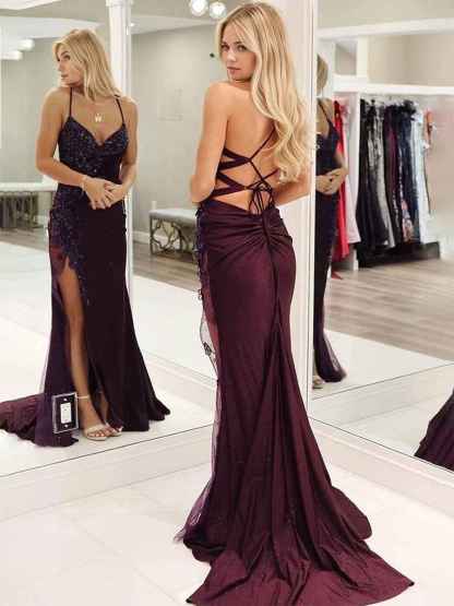 Mermaid V Neck Satin Beaded Long Prom Dress with Slit