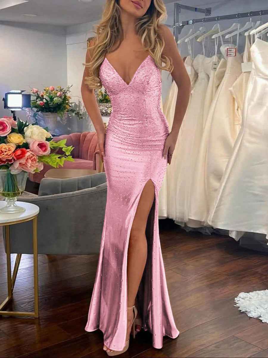 Mermaid V Neck Satin Hot Stone Prom Dress with Slit