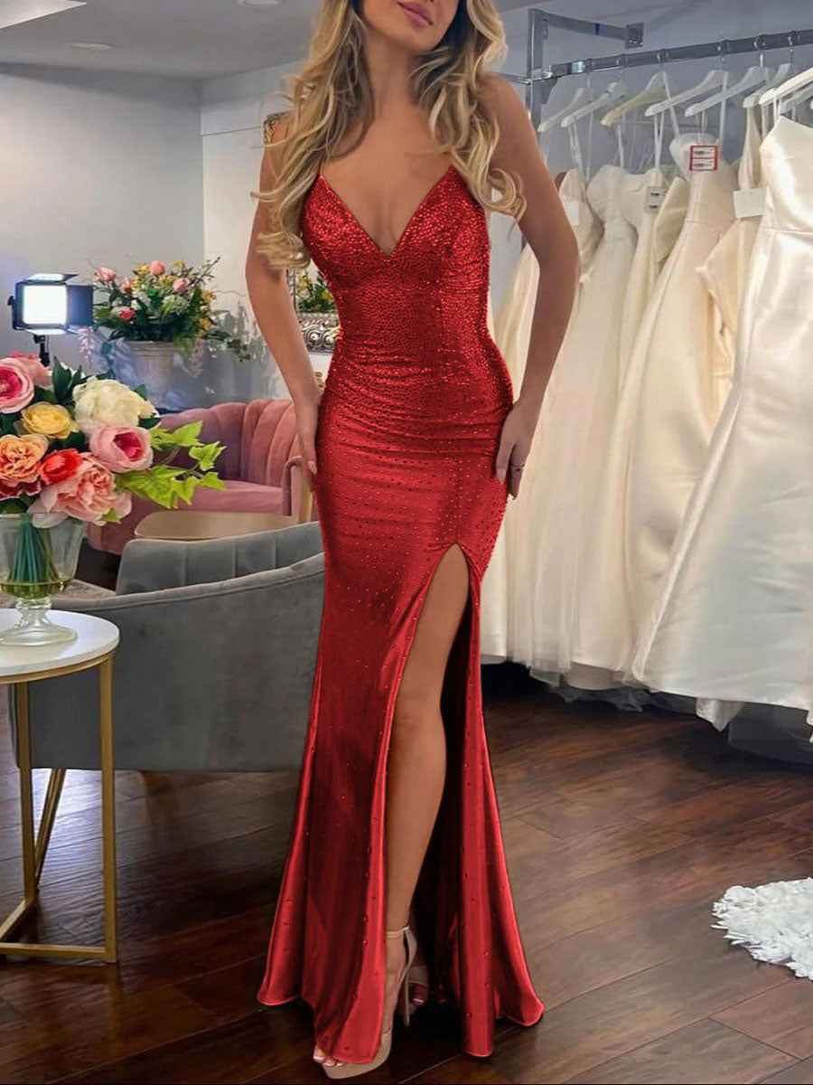 Mermaid V Neck Satin Hot Stone Prom Dress with Slit