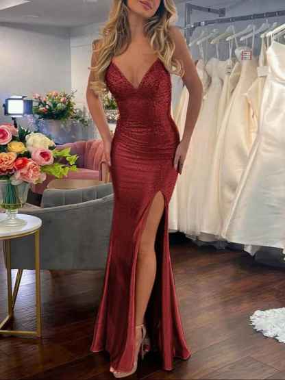 Mermaid V Neck Satin Hot Stone Prom Dress with Slit