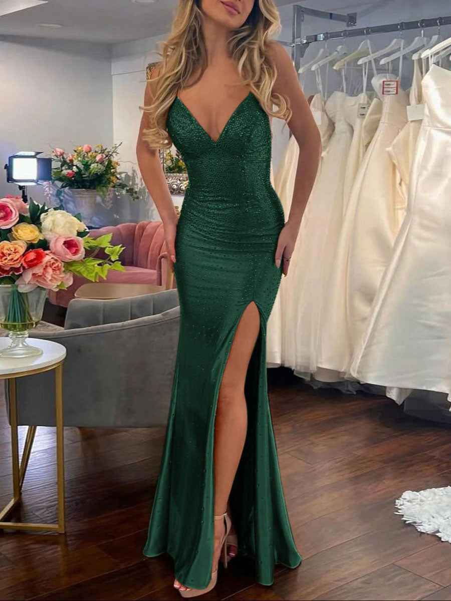 Mermaid V Neck Satin Hot Stone Prom Dress with Slit