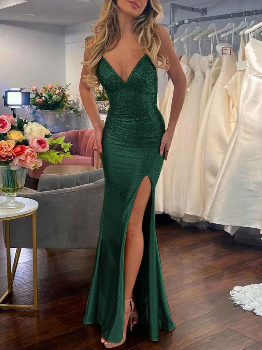 Mermaid V Neck Satin Hot Stone Prom Dress with Slit