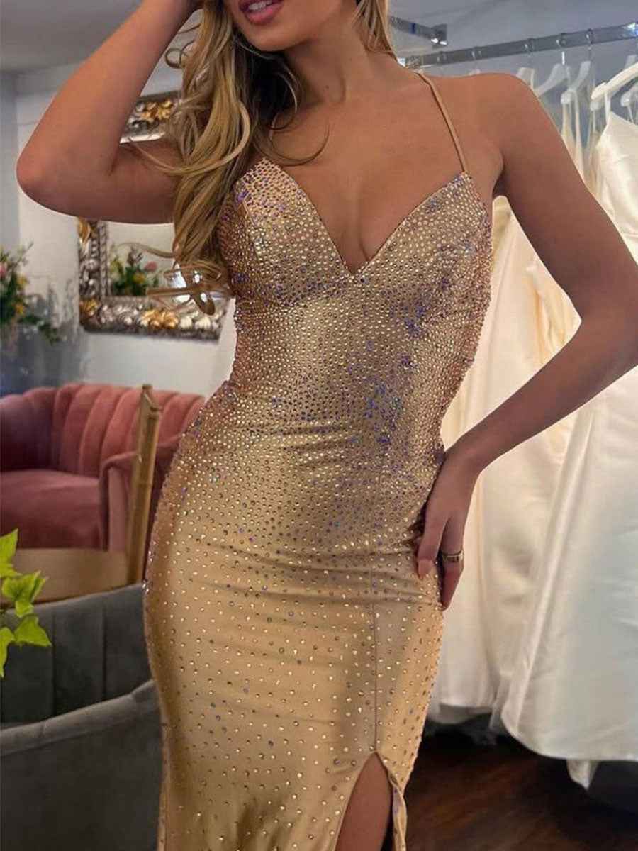 Mermaid V Neck Satin Hot Stone Prom Dress with Slit