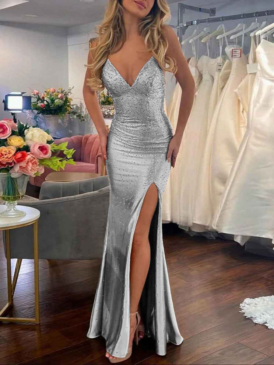 Mermaid V Neck Satin Hot Stone Prom Dress with Slit-LLELLA