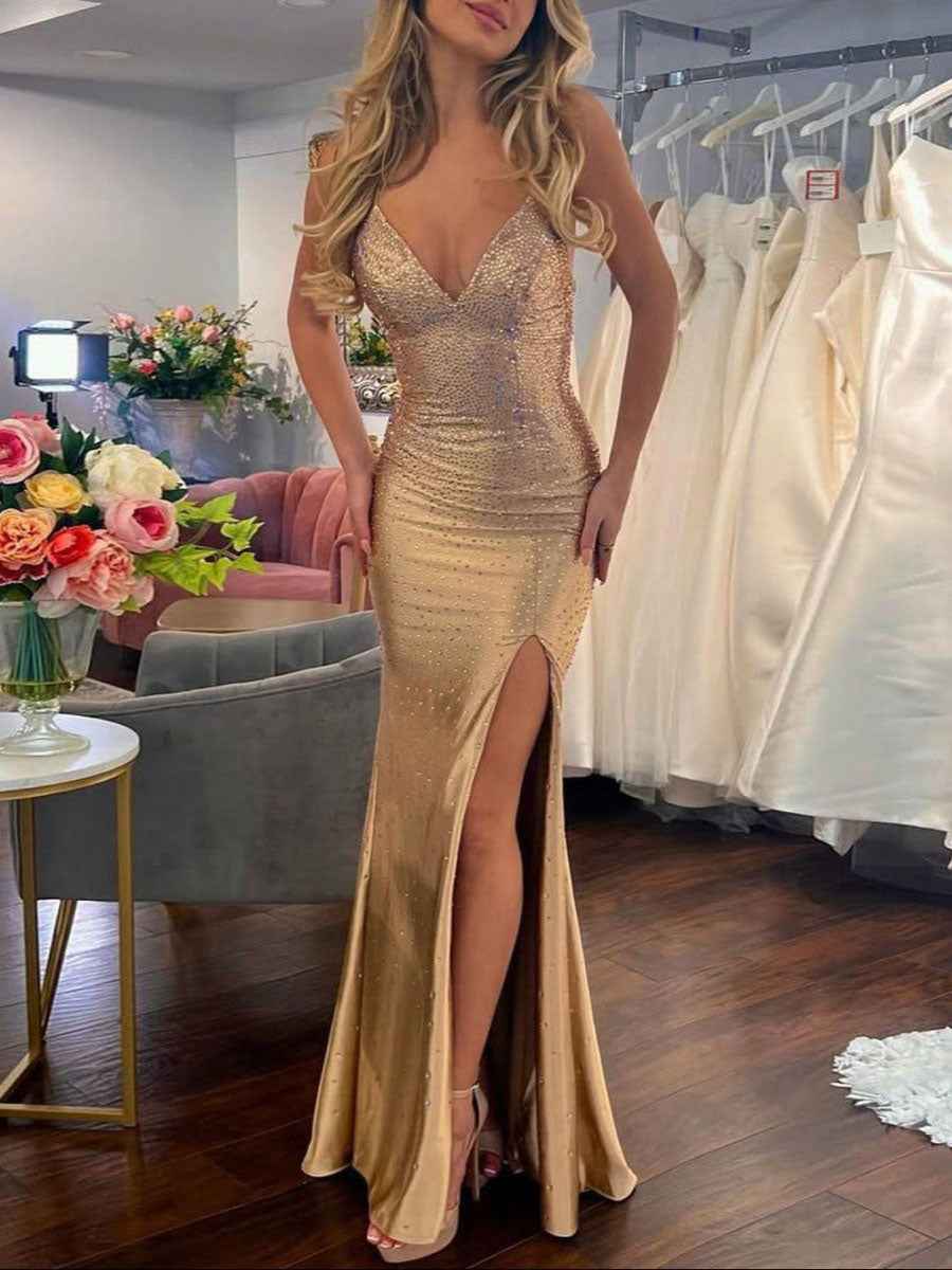 Mermaid V Neck Satin Hot Stone Prom Dress with Slit-LLELLA