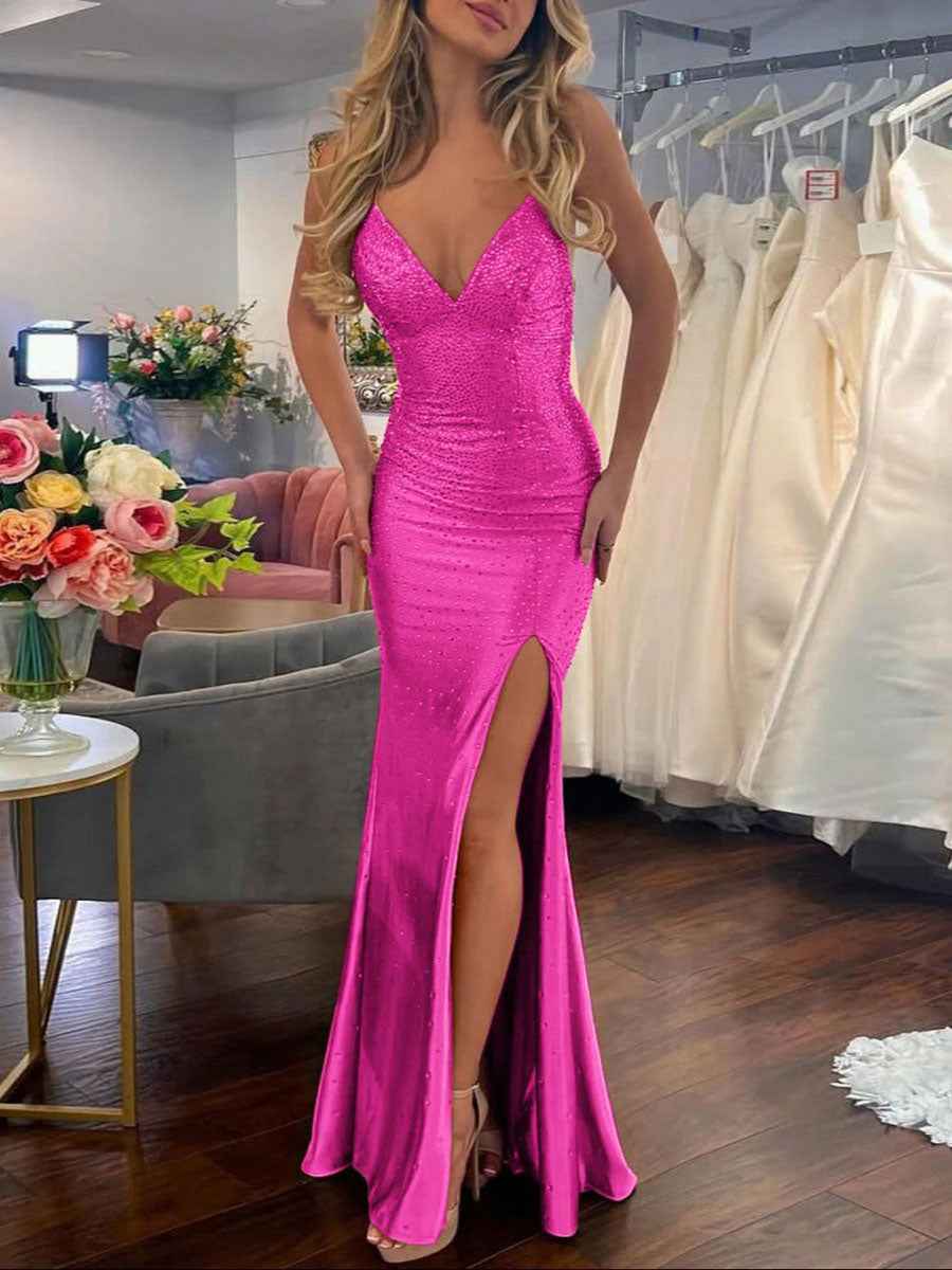 Mermaid V Neck Satin Hot Stone Prom Dress with Slit