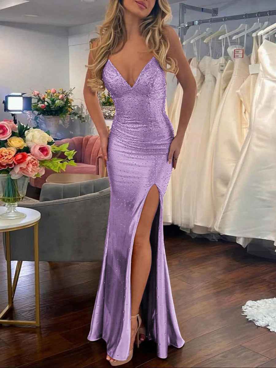 Mermaid V Neck Satin Hot Stone Prom Dress with Slit-LLELLA