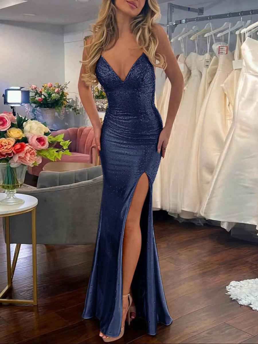 Mermaid V Neck Satin Hot Stone Prom Dress with Slit