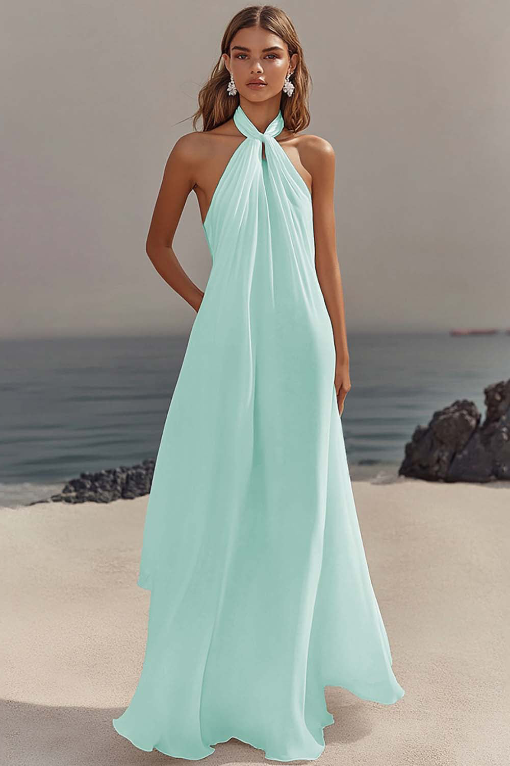 Flowy Sky Blue Chiffon A Line Halter Backless Long Prom Dress-LLELLA