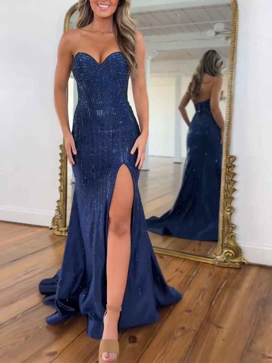 Navy Blue Strapless Sequin Prom Dress with Linear Beading-LLELLA