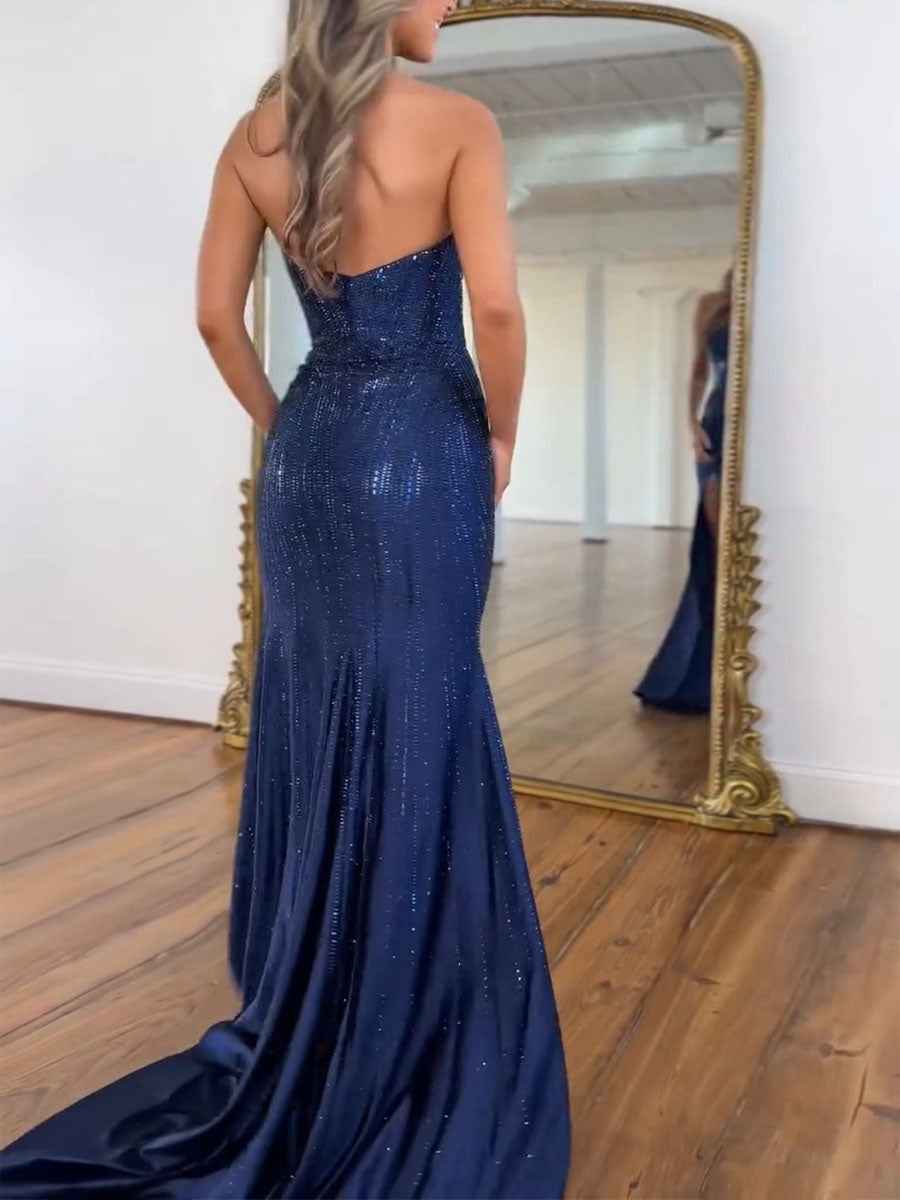 Navy Blue Strapless Sequin Prom Dress with Linear Beading