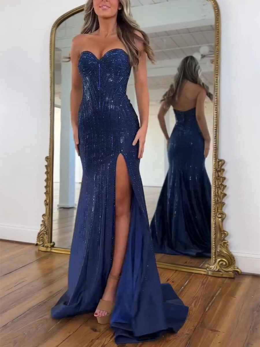 Navy Blue Strapless Sequin Prom Dress with Linear Beading