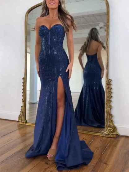 Navy Blue Strapless Sequin Prom Dress with Linear Beading