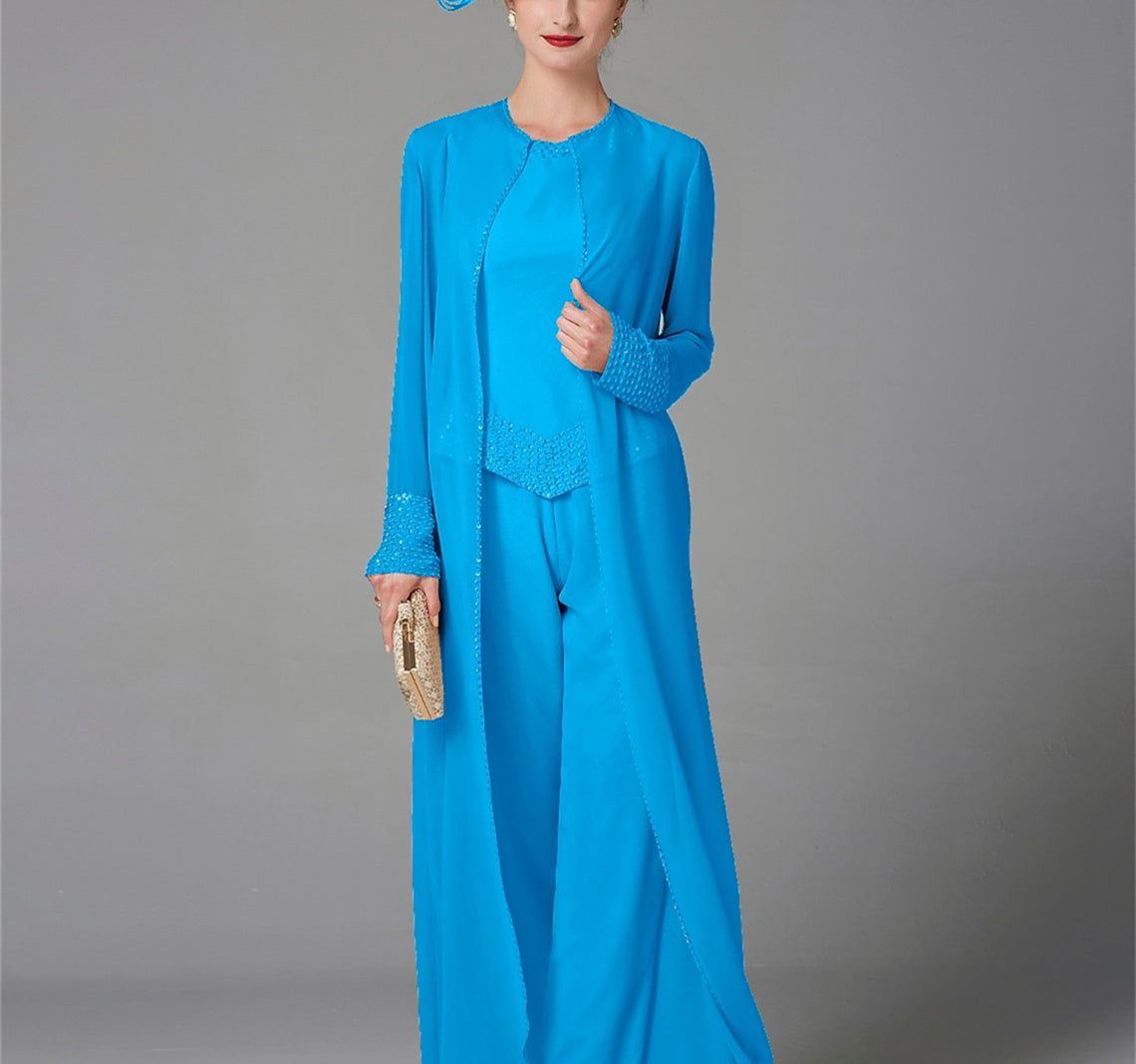 Long-Sleeve Chiffon Mother of the Bride Pantsuit with Jacket and Sequins-LLELLA