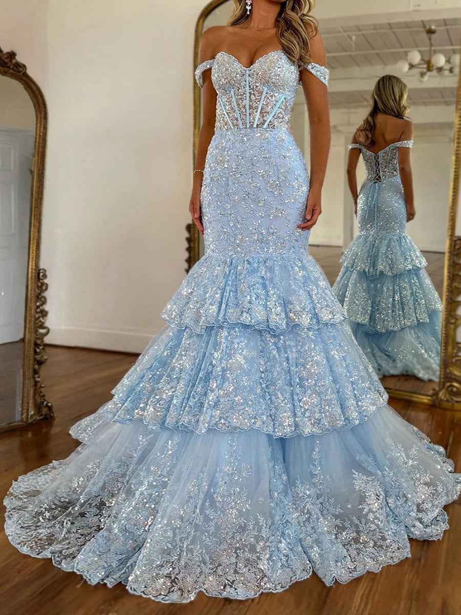 Off The Shoulder Tiered Ruffle Mermaid Prom Dress with Lace Applique|