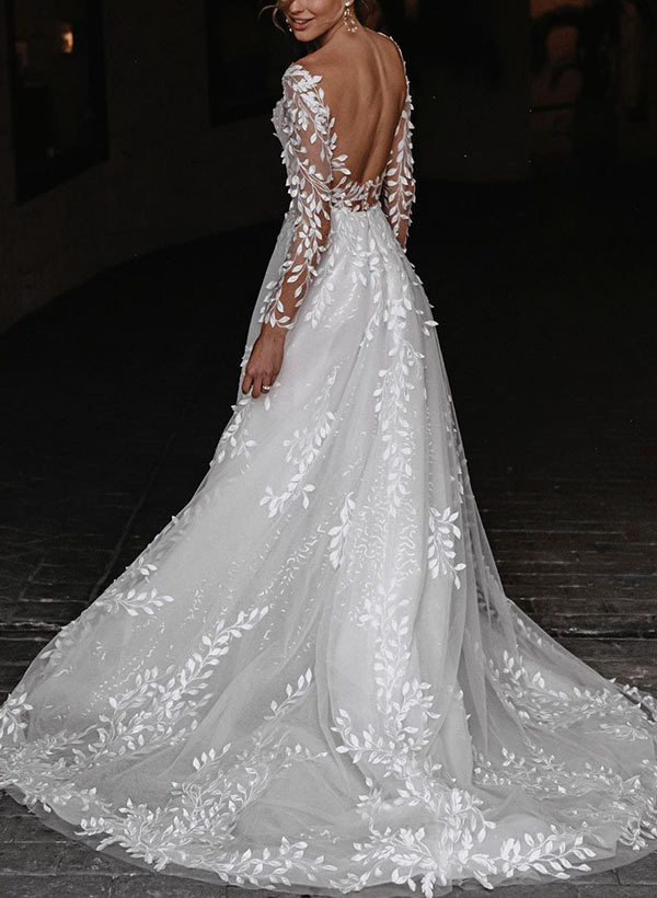 A-Line/Princess V-Neck Floor-length Wedding Dress Ivory