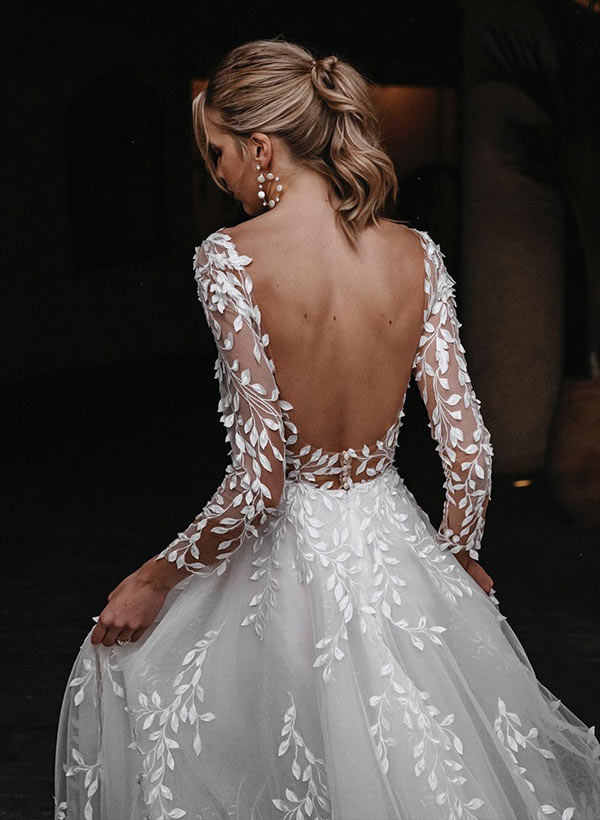 A-Line/Princess V-Neck Floor-length Wedding Dress White